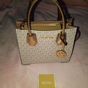 Michael Kors Monogram Beige and Gold Satchel